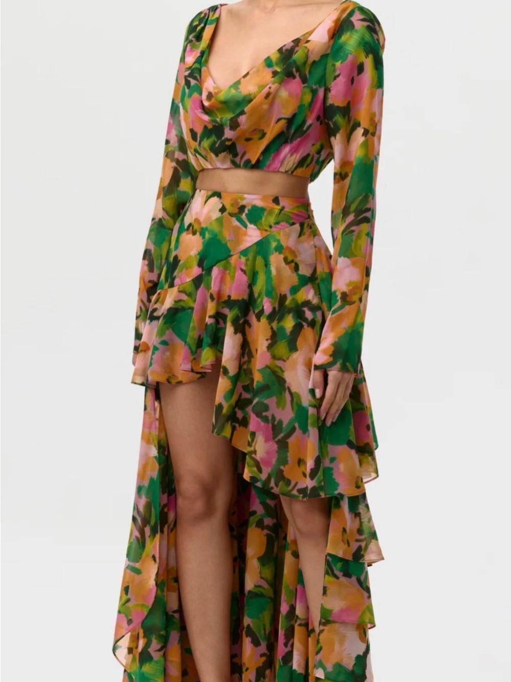 naked wardrobe Green Multi Floral Ruffle High-Low Maxi Skirt